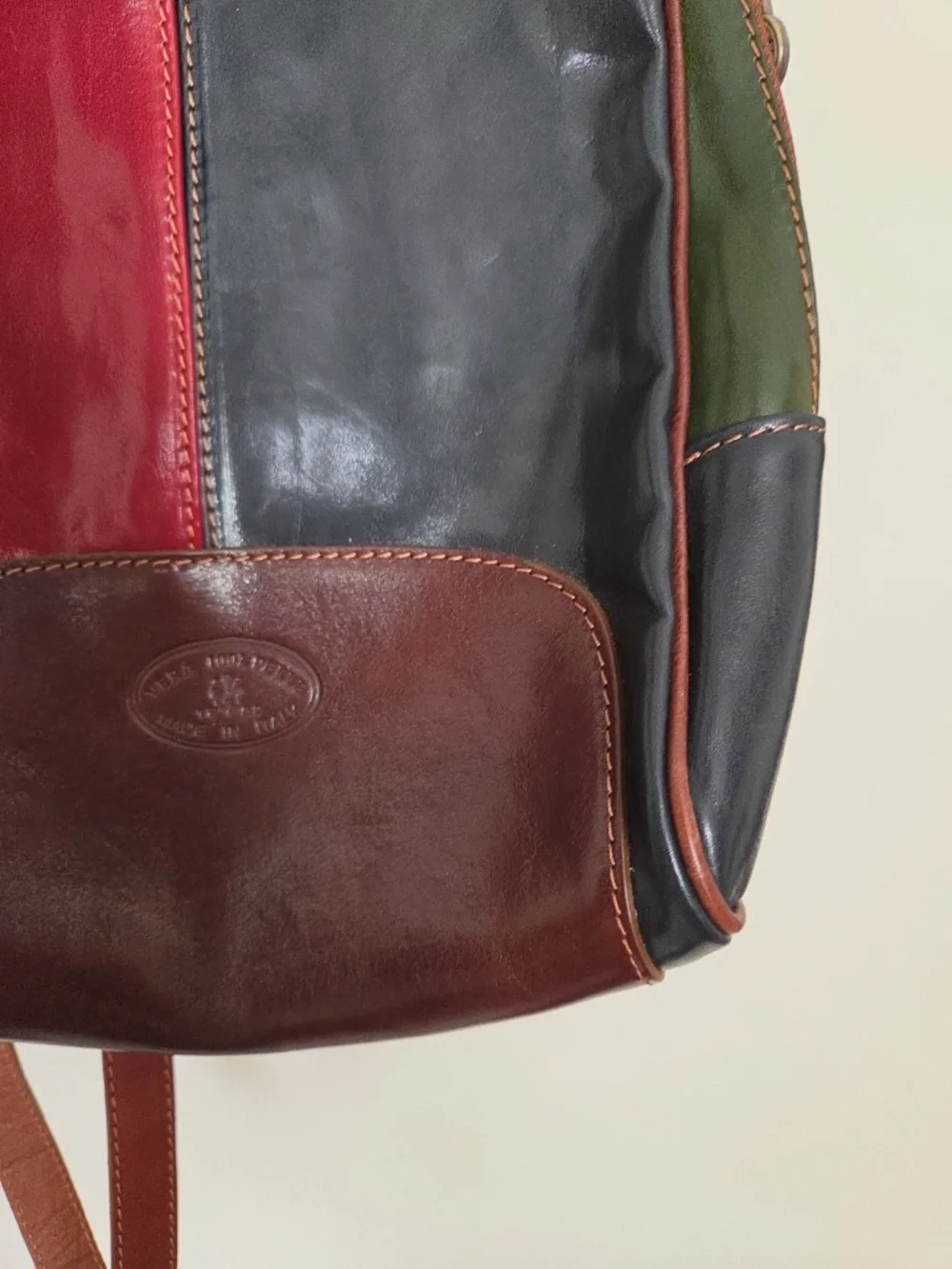 Vera Pelle Glossy Multi Color Leather Backpack Rare Euc Made In Italy